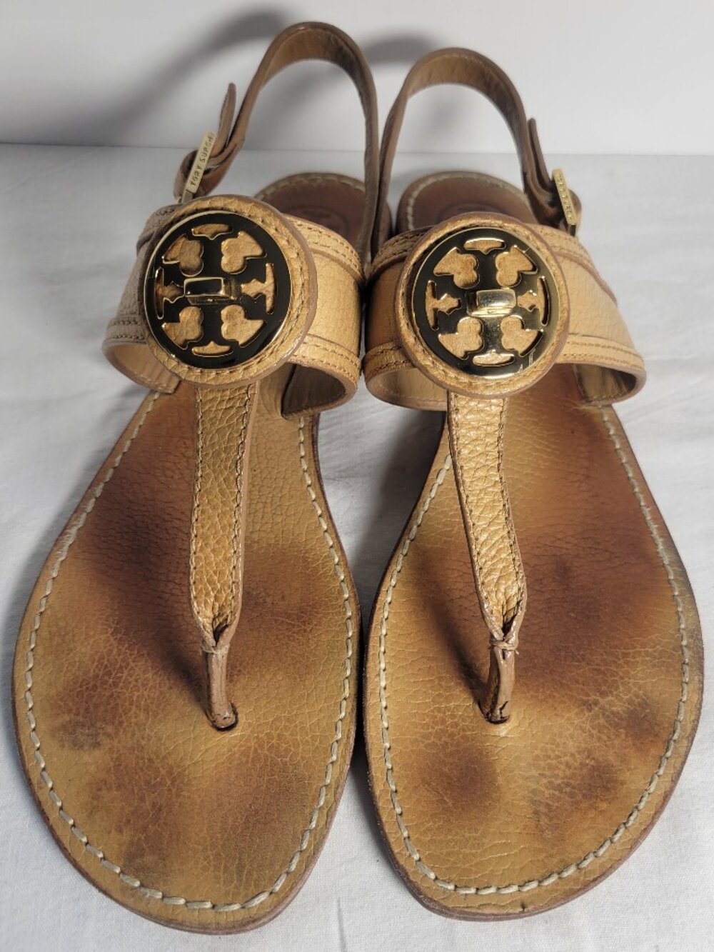 Tory Burch T Logo Leather Thong Sandals Tan Gold Women's Size 9